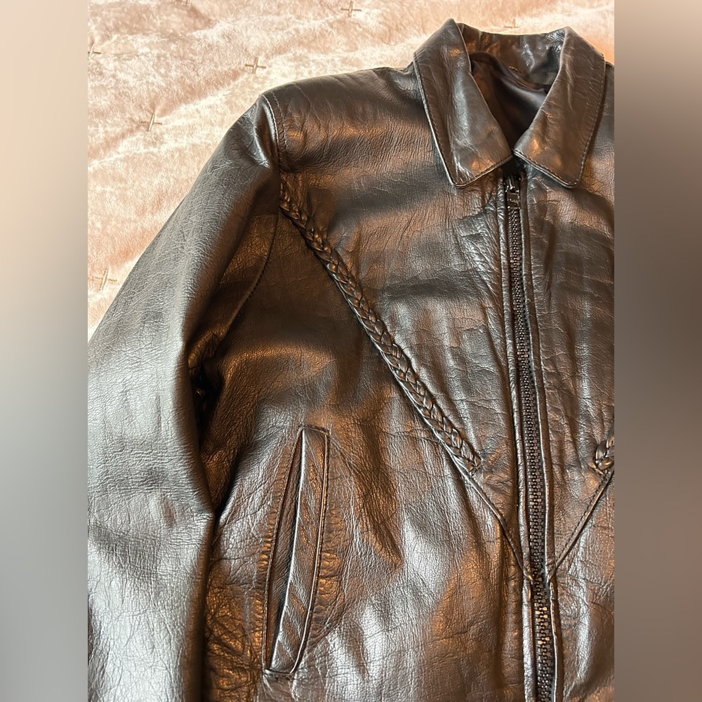 Black Women's Leather Jacket with Braided Detail - Picture 4 of 13